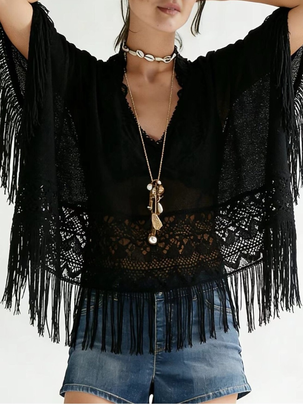 ❤️Hello Gorgeous! Lace Fringe Cover-Up Crochet  Boho Top - Black